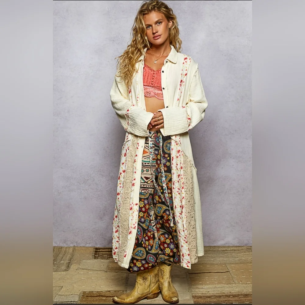 #761 POL Long Jacket In Double Gauze With Floral & Crochet Patchwork - Picture 2 of 5